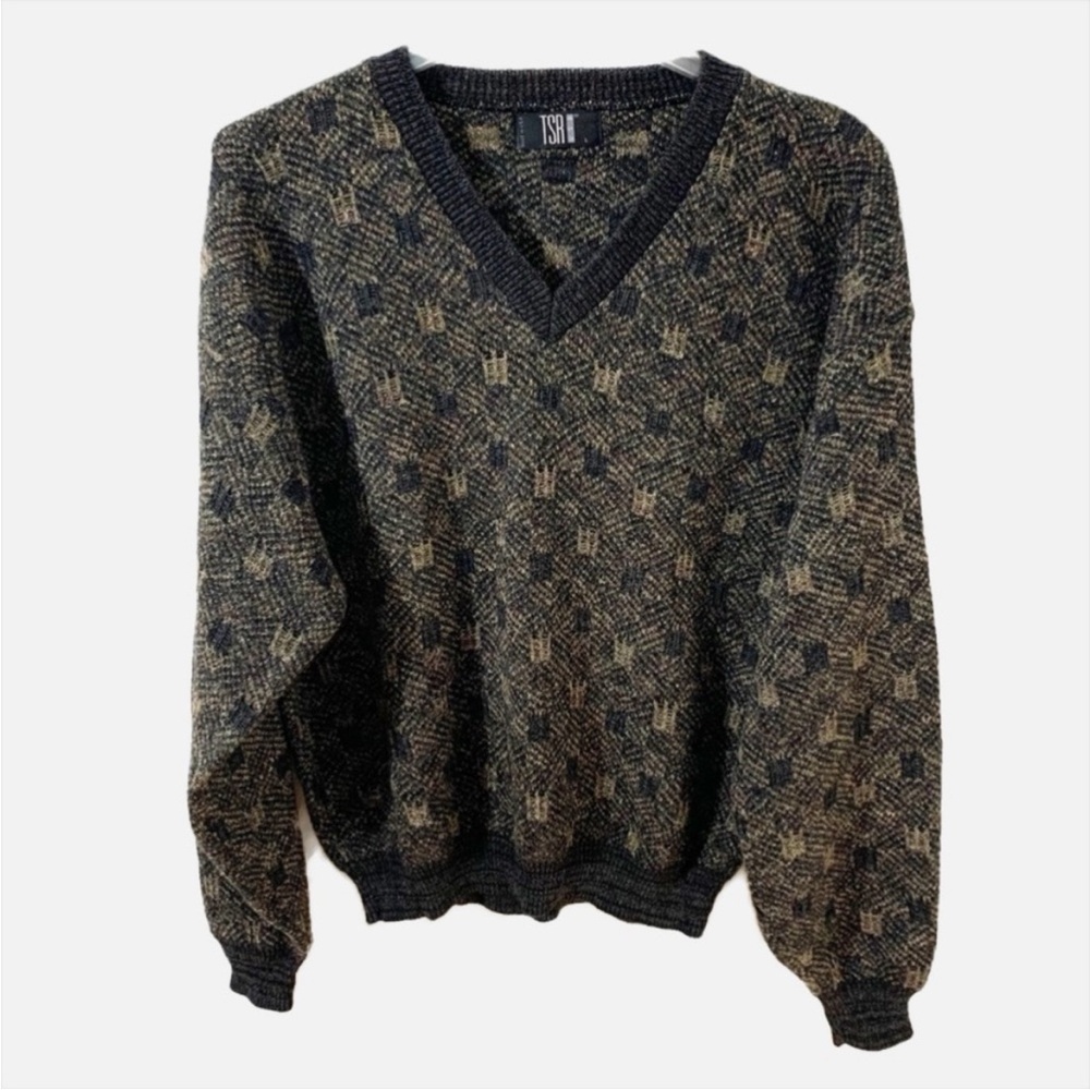 Vintage Retro TSR Oversize V-neck Knit Sweater Square Pattern Size L Made In USA